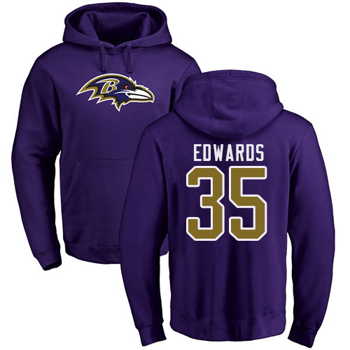 Men Baltimore Ravens Purple Gus Edwards Name and Number Logo NFL Football 35 Pullover Hoodie Sweatshirt